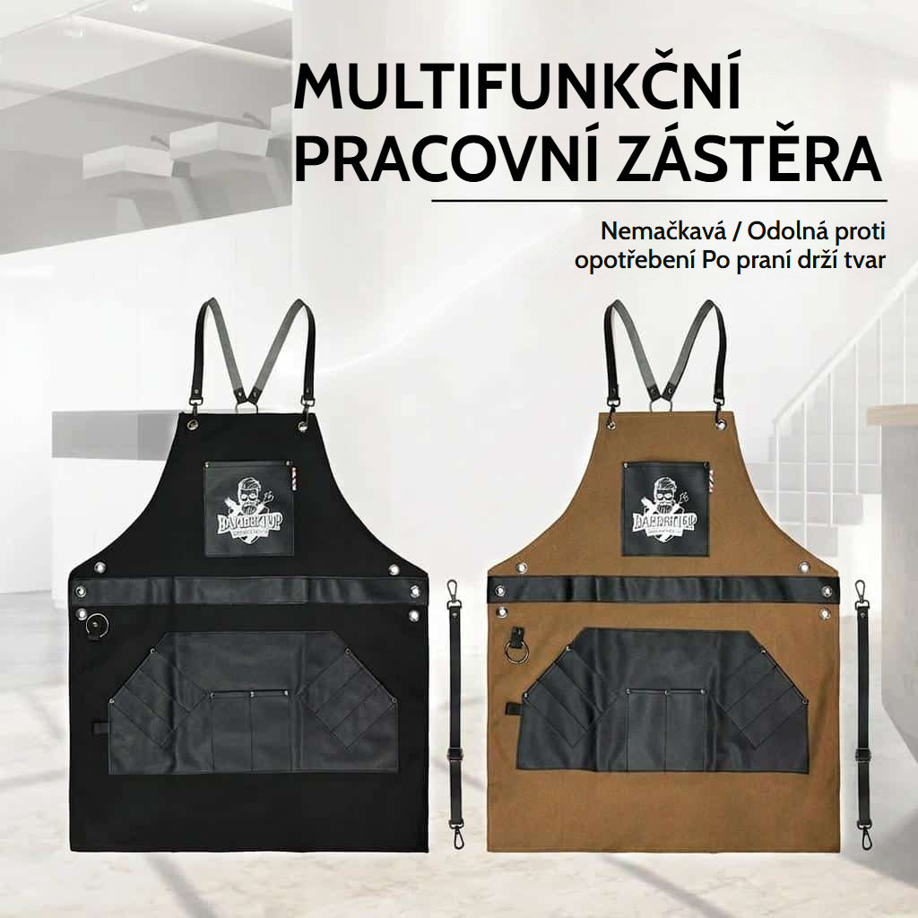 Holičská zástěra z bavlněného plátna s nastavitelnými zkříženými ramínky