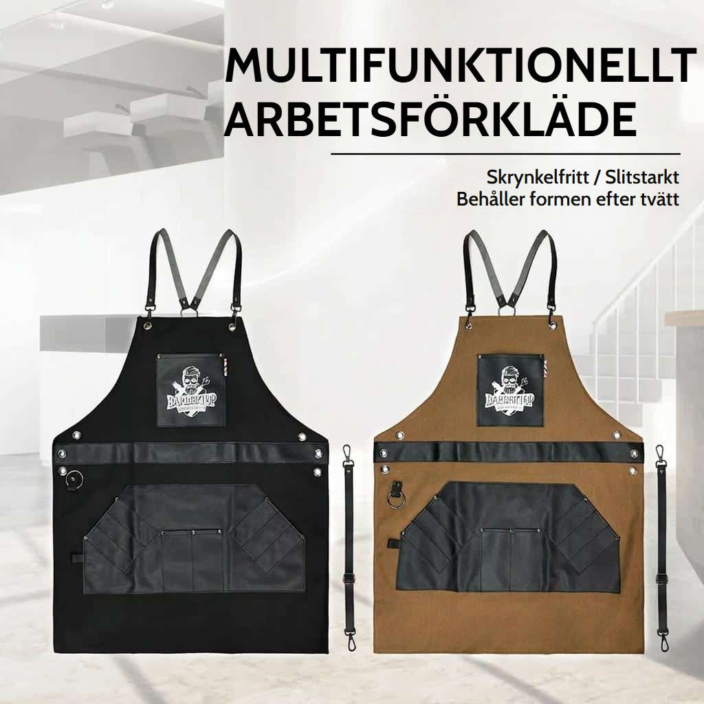 Barberarförkläde i bomullscanvas med justerbara korsade axelremmar