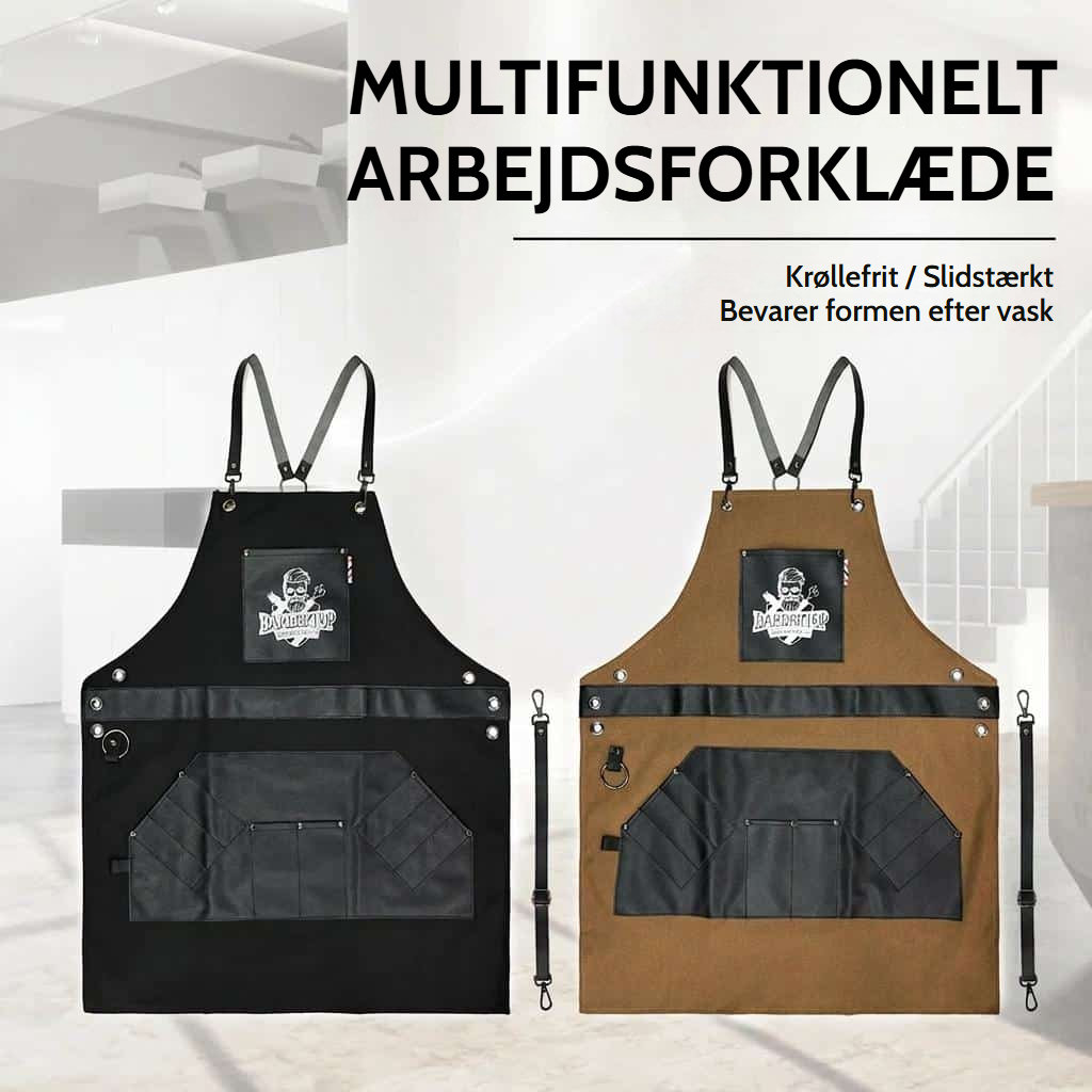 Barberforklæde i bomuldslærred med justerbare krydsede seler