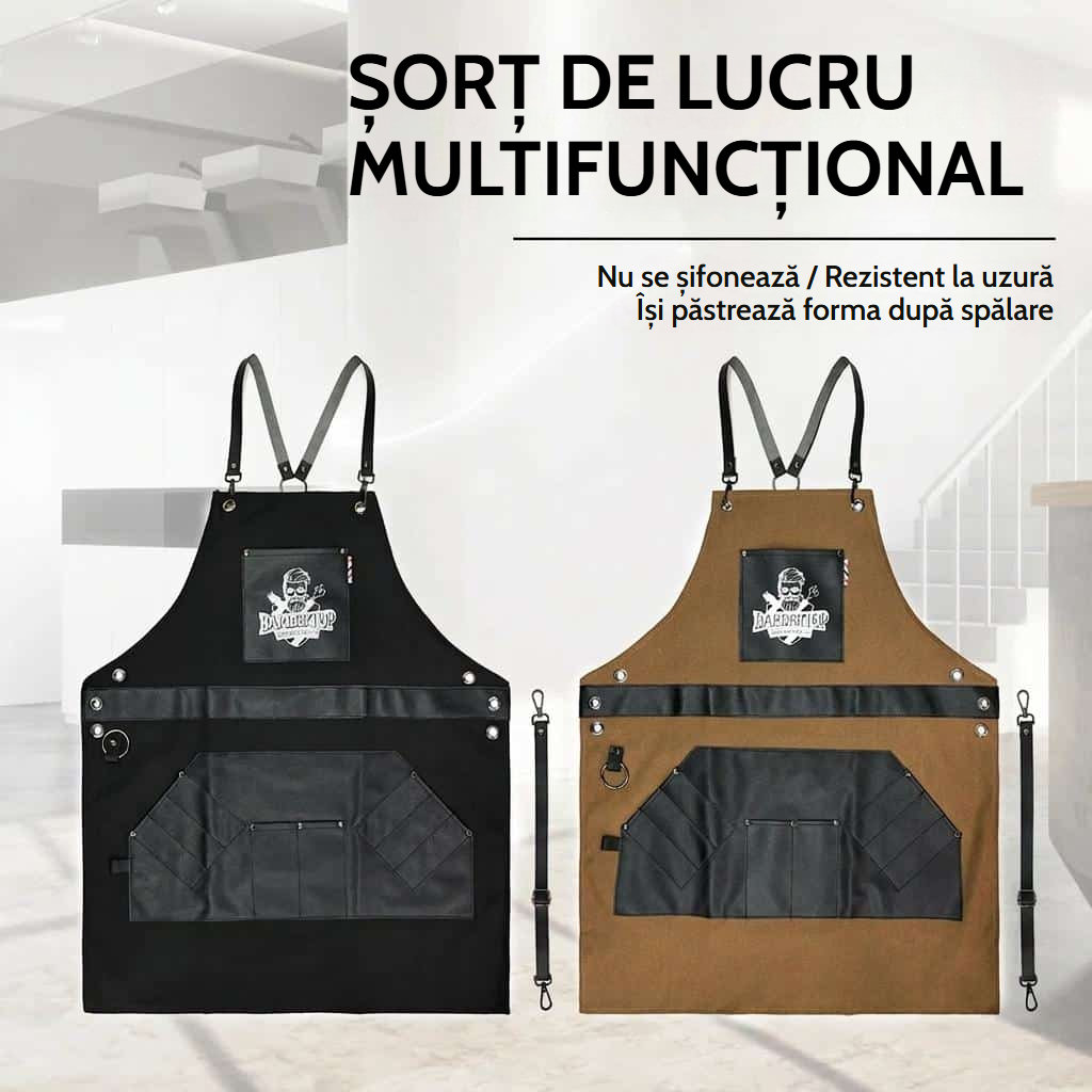 Șorț de frizer din pânză de bumbac cu bretele încrucișate reglabile