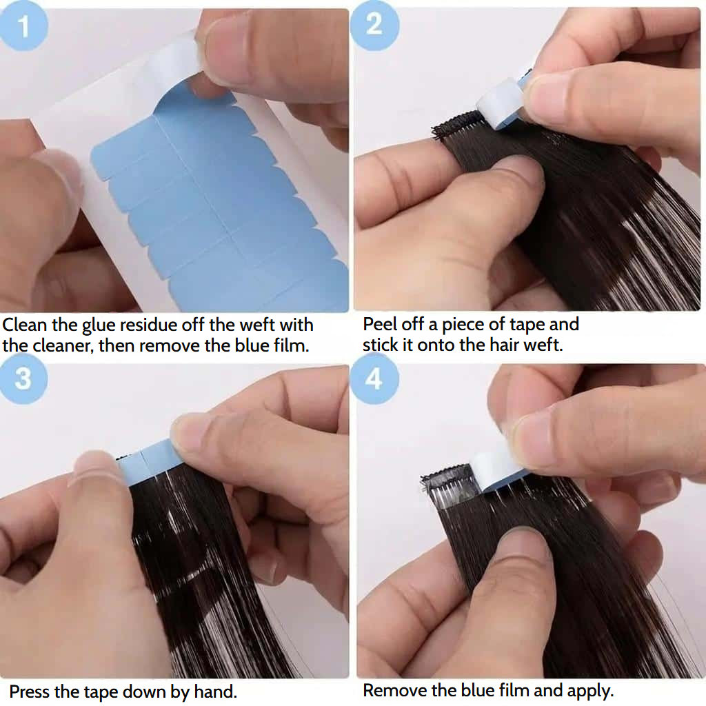 Double-sided adhesive strips for extensions and wigs