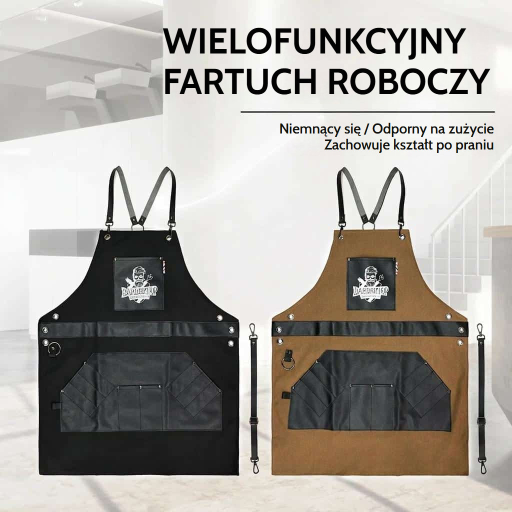 Fartuch barberski z bawełnianego płótna z regulowanymi szelkami krzyżowymi