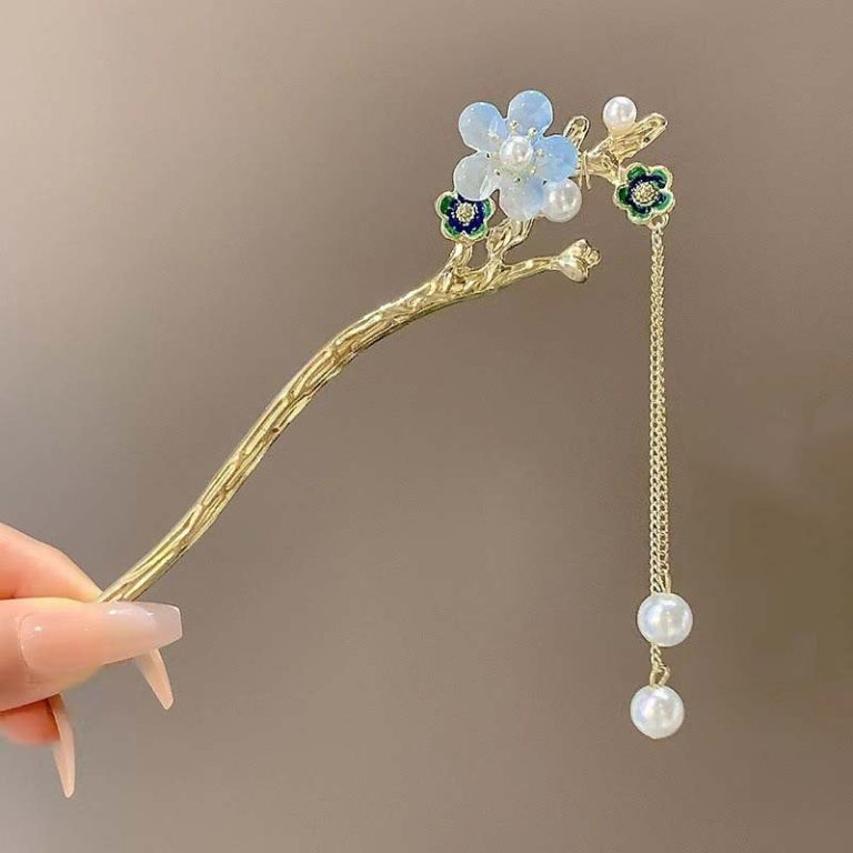 Epingle-a-cheveux-japonaise-fleurie-avec-chainette-pendante-et-perles-decoratives-picture-11
