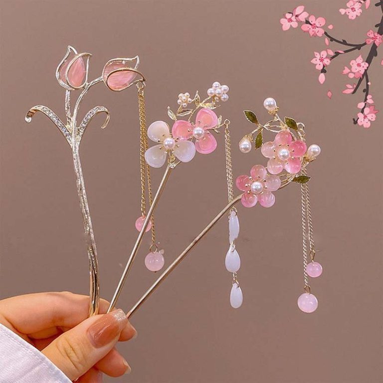 Epingle-a-cheveux-japonaise-fleurie-avec-chainette-pendante-et-perles-decoratives-picture-2