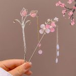 Epingle-a-cheveux-japonaise-fleurie-avec-chainette-pendante-et-perles-decoratives-picture-4