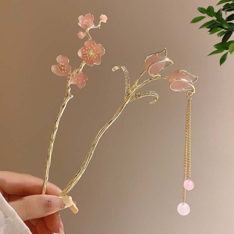Epingle-a-cheveux-japonaise-fleurie-avec-chainette-pendante-et-perles-decoratives-picture-5