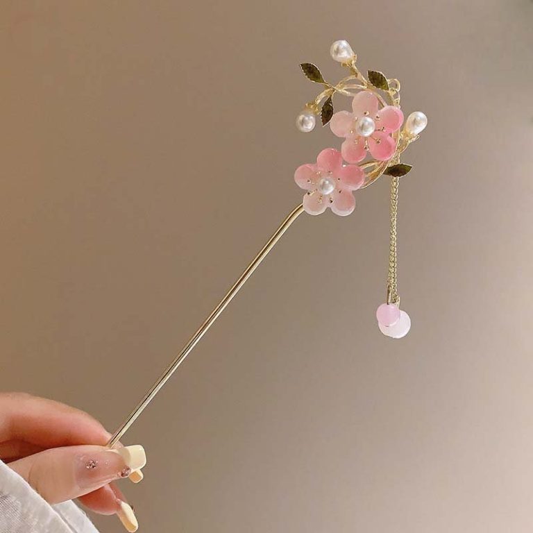 Epingle-a-cheveux-japonaise-fleurie-avec-chainette-pendante-et-perles-decoratives-picture-9