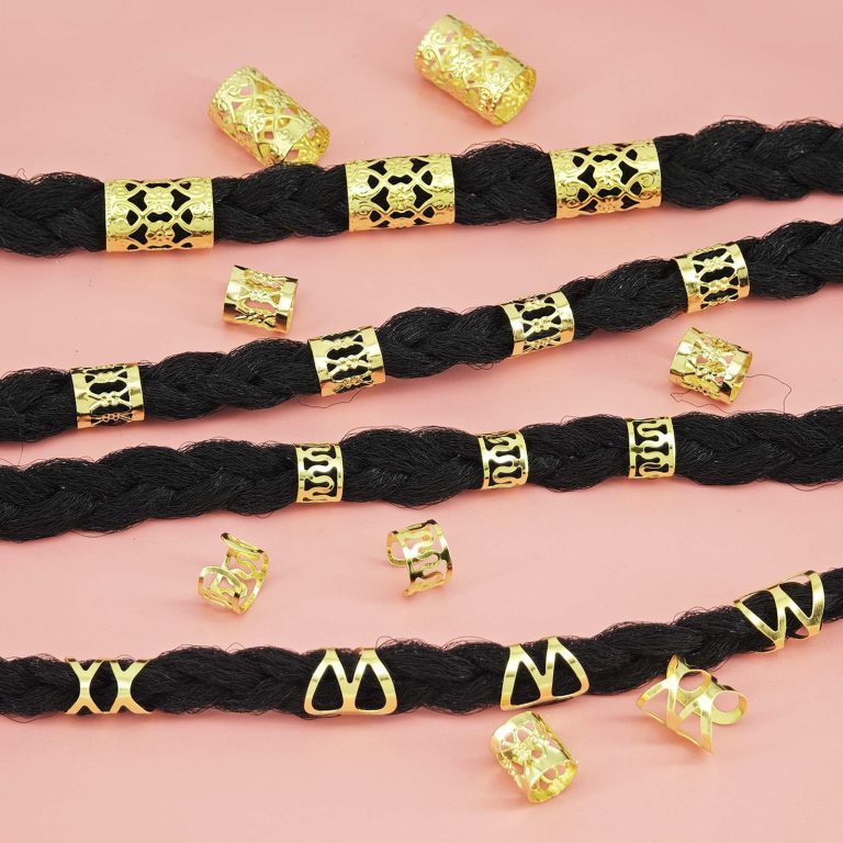 Lot-de-80-perles-cheveux-tresses-en-alliage-metallique-dore-ou-argente-avec-motifs-ajoures-picture-2