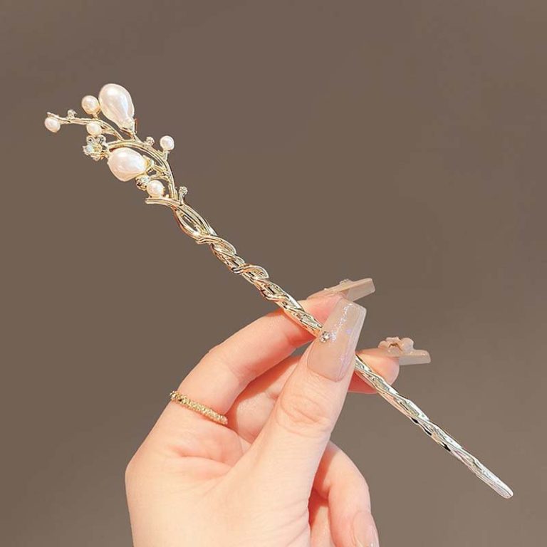 Pic-a-cheveux-en-alliage-dore-orne-de-perles-nacrees-et-strass-motif-floral-picture-2