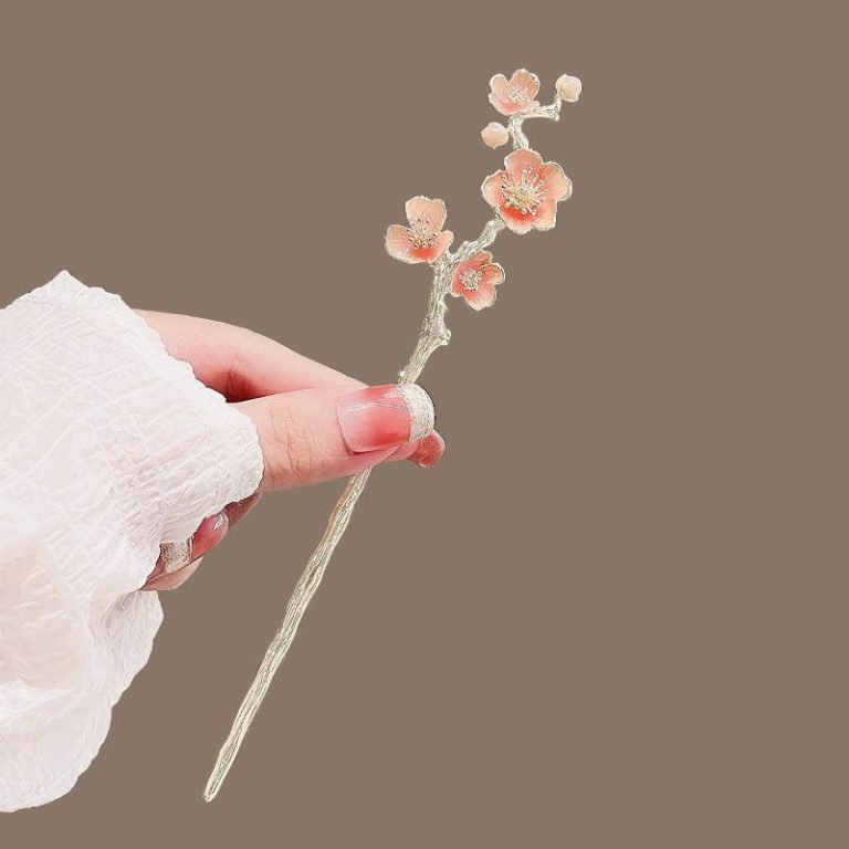 Pic-a-cheveux-floral-argente-avec-branche-ornee-de-fleurs-en-email-et-perles-picture-2