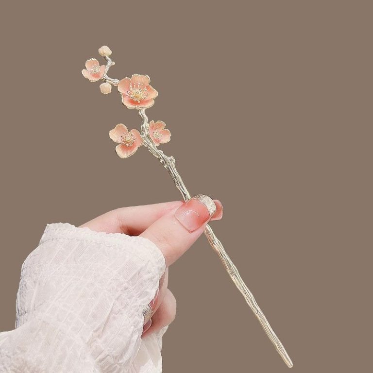 Pic-a-cheveux-floral-argente-avec-branche-ornee-de-fleurs-en-email-et-perles-picture-4