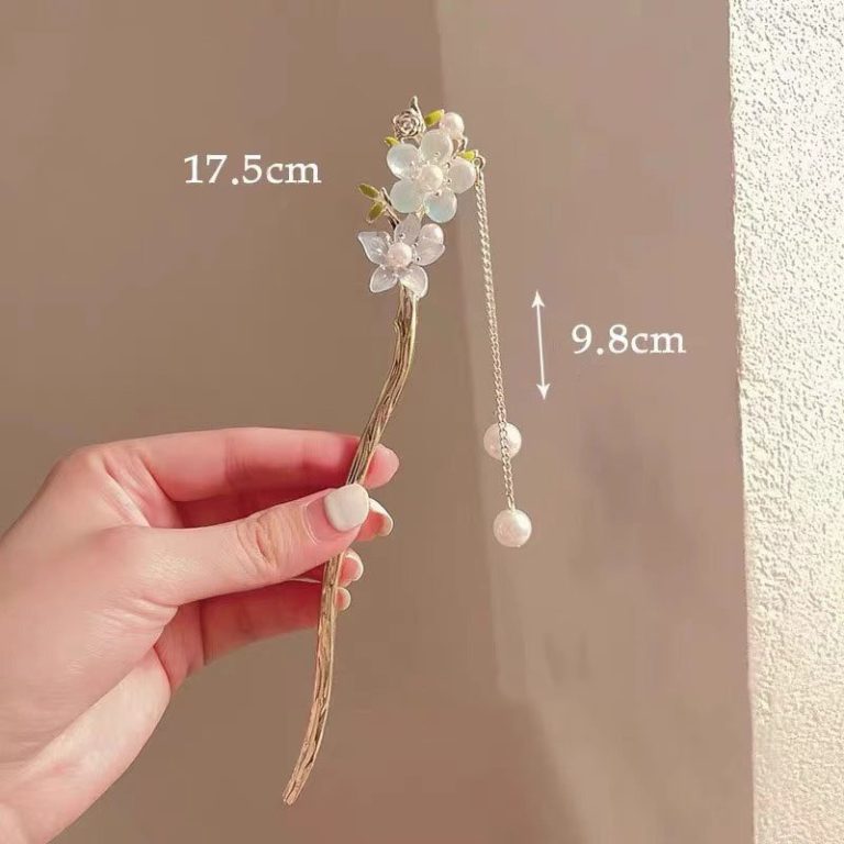 Pic-a-cheveux-floral-argente-avec-branche-ornee-de-fleurs-en-email-et-perles-picture-7