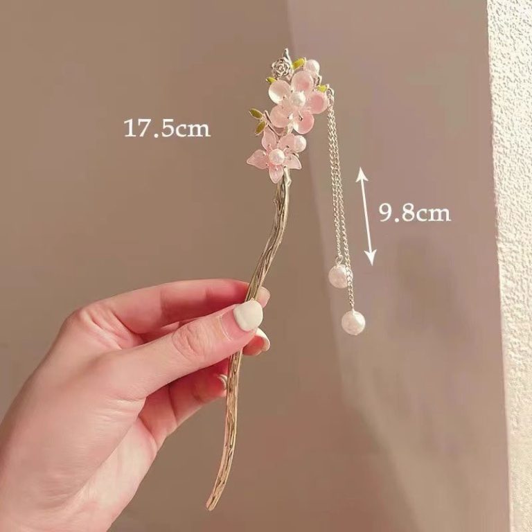 Pic-a-cheveux-floral-argente-avec-branche-ornee-de-fleurs-en-email-et-perles-picture-8