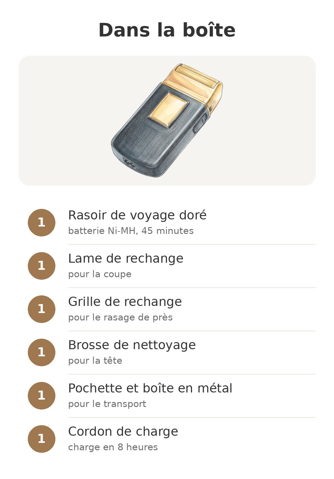 Rasoir de voyage Wahl Gold Edition Travel Shaver pour homme Contenu de la boîte : Wahl Travel Shaver