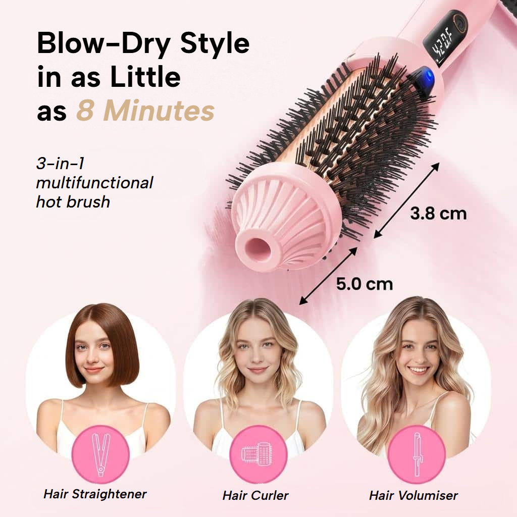 Smoothing, curling and volumising thermal brush with LED display