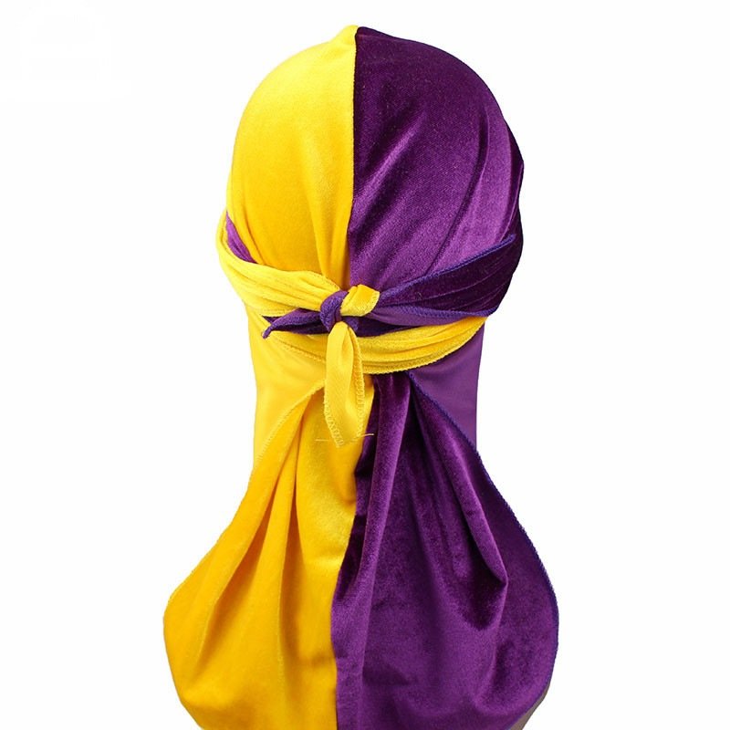 Durag-bandana-en-velours-a-longue-traine-Jaune-et-violet