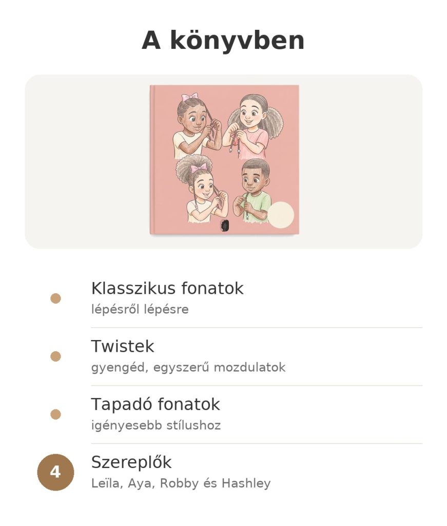 A könyvben: tanulj meg göndör hajat fonni klasszikus fonatokkal, twistekkel, tapadó fonatokkal és négy szereplővel
