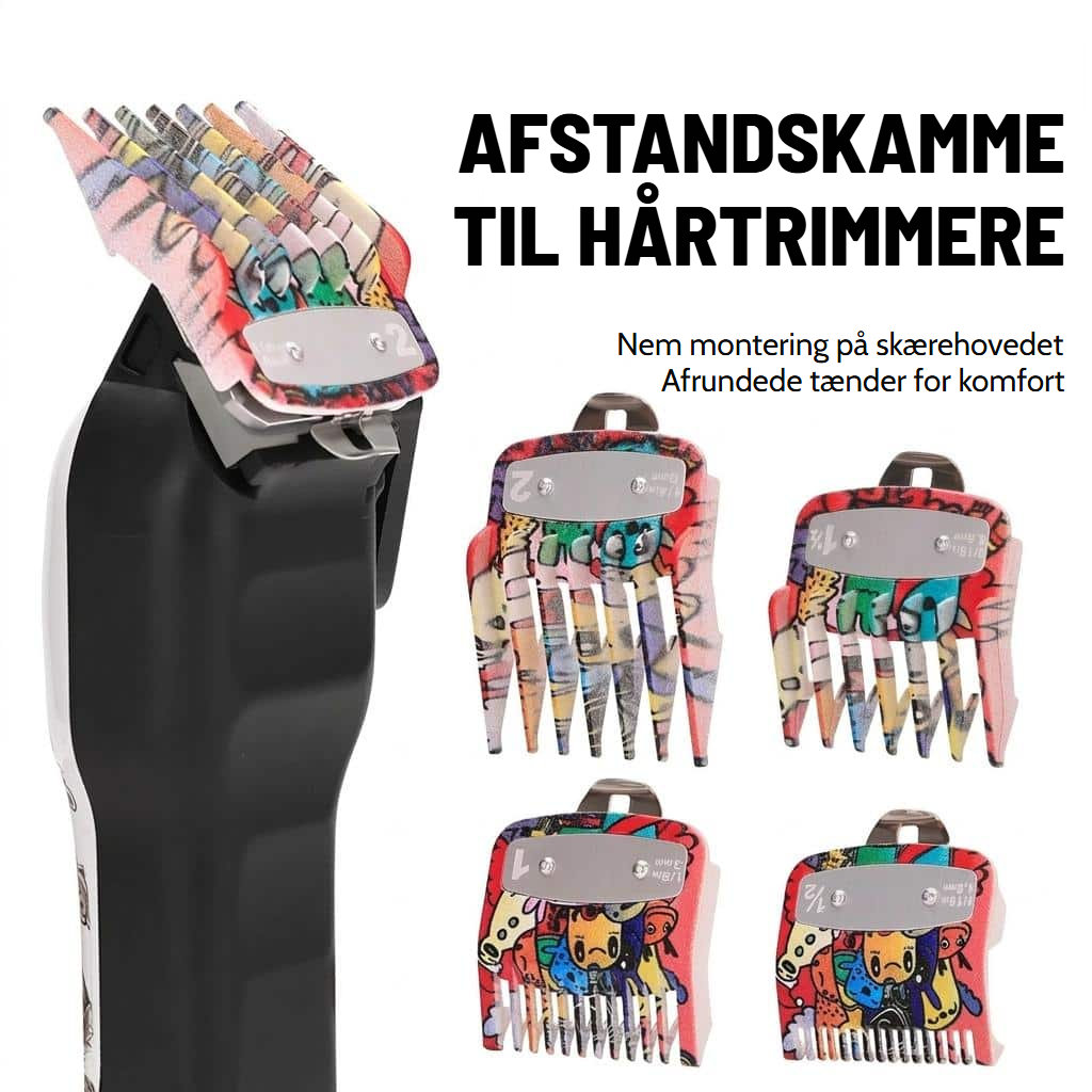Sæt med kamtilsatser til hårklipper med flerfarvede mønstre