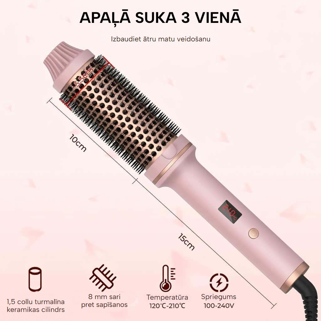 Keramikas apaļā sildošā suka 3 vienā ar LCD displeju