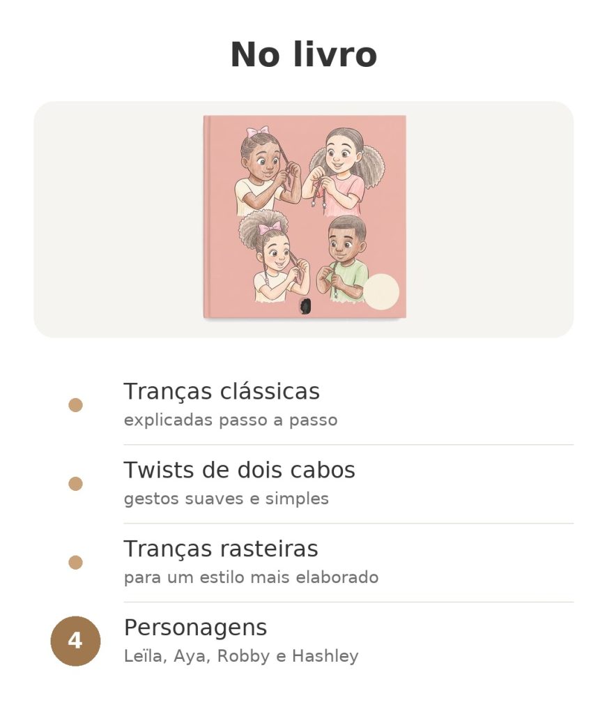 Conteúdo do livro aprender a entrançar cabelo crespo: tranças clássicas, twists de dois cabos, tranças rasteiras