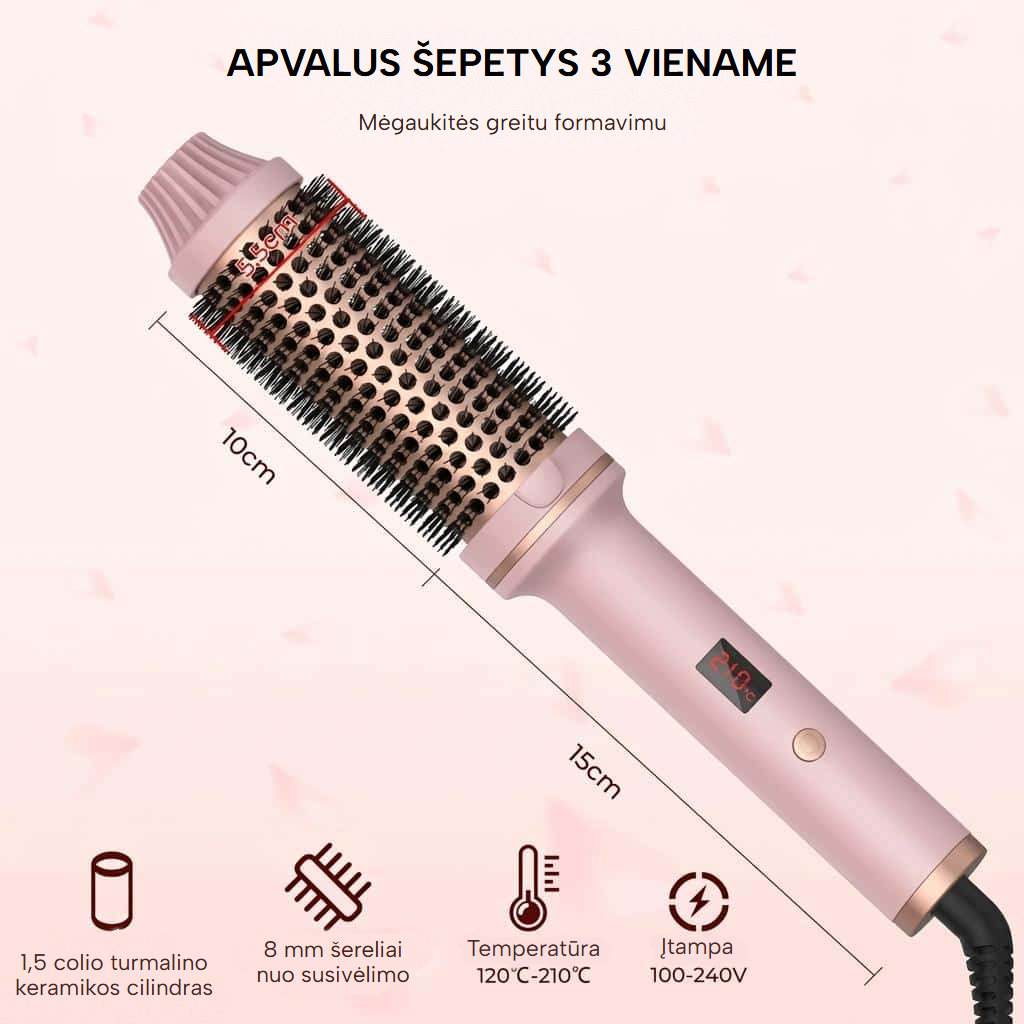 3 viename keraminis apvalus šildantis šepetys su LCD ekranu
