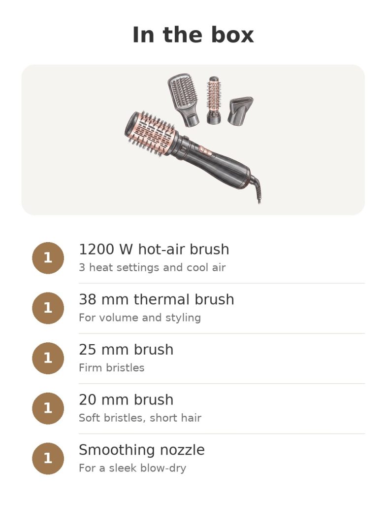 Hot air brush BaByliss Smooth Finish 1200 Contents of the box for BaByliss 1200 W hot-air brush: 1200 W hot-air brush, 38 mm thermal brush
