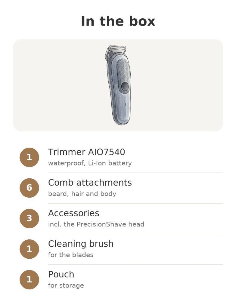 Braun AIO7540 all-in-one trimmer – what is in the box: Trimmer AIO7540, Comb attachments, Accessories, Cleaning brush, Pouch