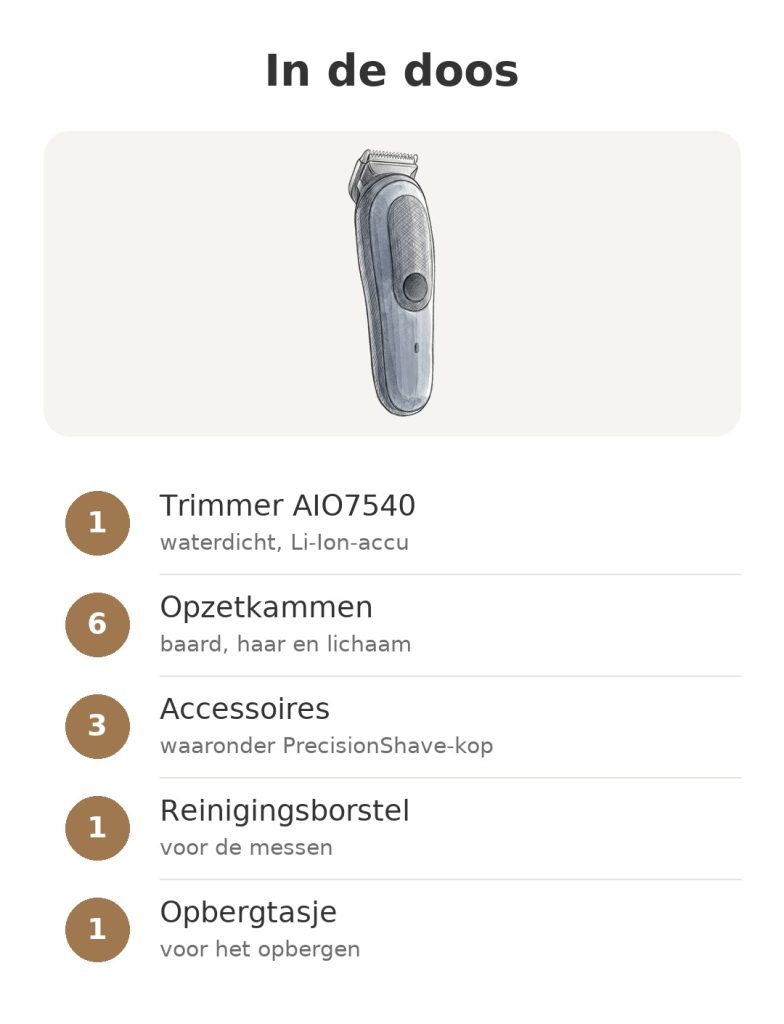 Braun AIO7540 alles-in-één trimmer – inhoud van de doos: Trimmer AIO7540, Opzetkammen, Accessoires, Reinigingsborstel, Opbergtasje