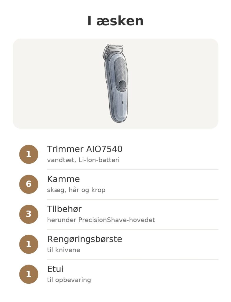 Trimmer Braun Series 7 AIO7540 Indholdet af æsken med Braun AIO7540-trimmeren med kamme, tilbehør, børste og etui