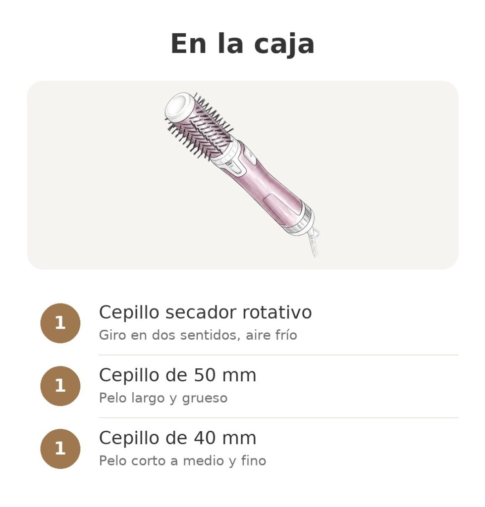 Contenido de la caja de cepillo secador rotativo Rowenta: cepillo secador rotativo, cepillo de 50 mm, cepillo de 40 mm