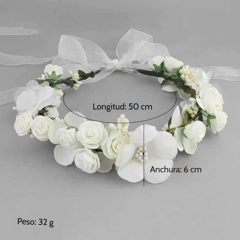 Corona floral para el pelo con rosas de seda y cintas de organza