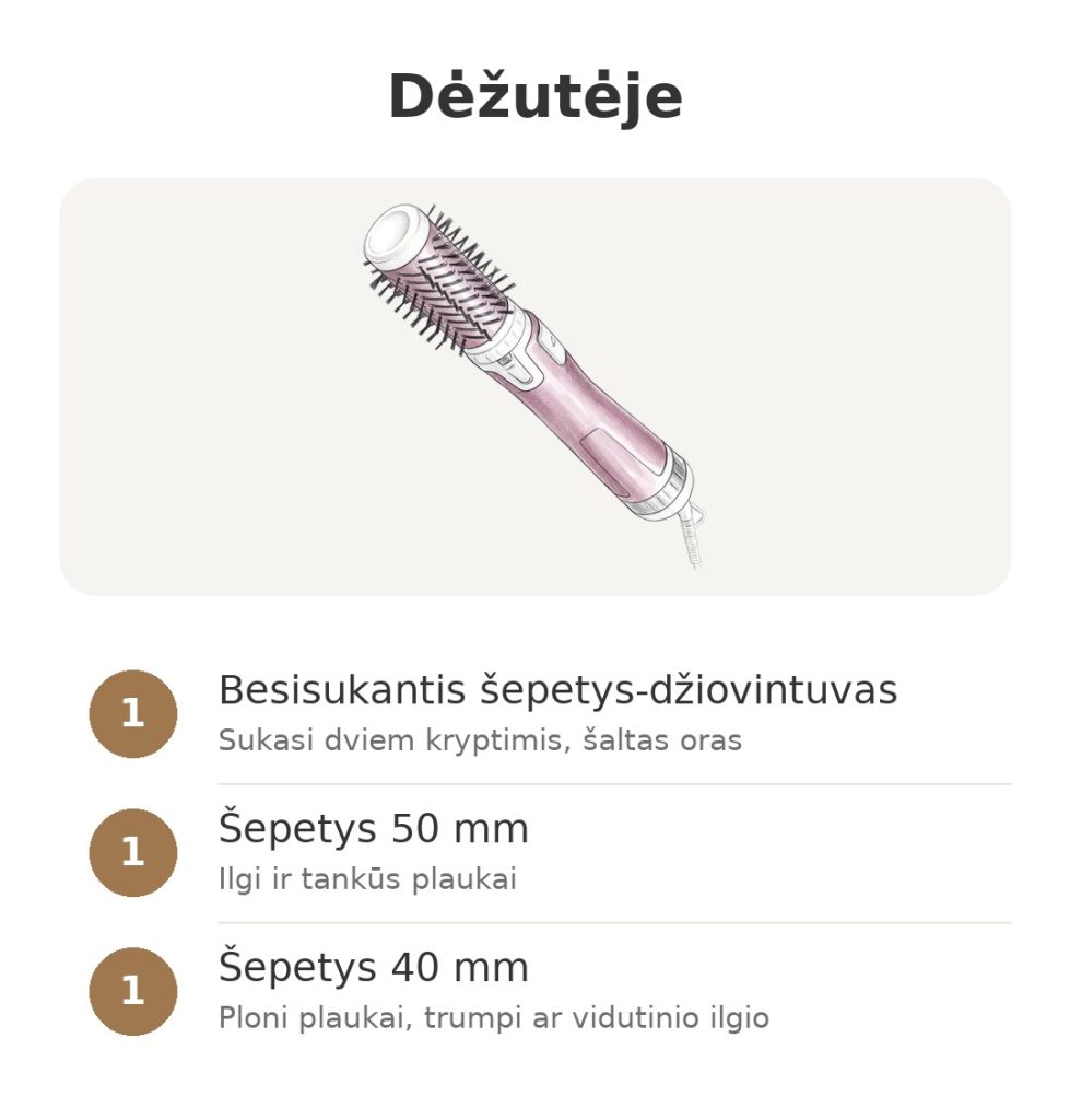 Dėžutėje: besisukantis šepetys-džiovintuvas Rowenta su 50 mm ir 40 mm šepečiais