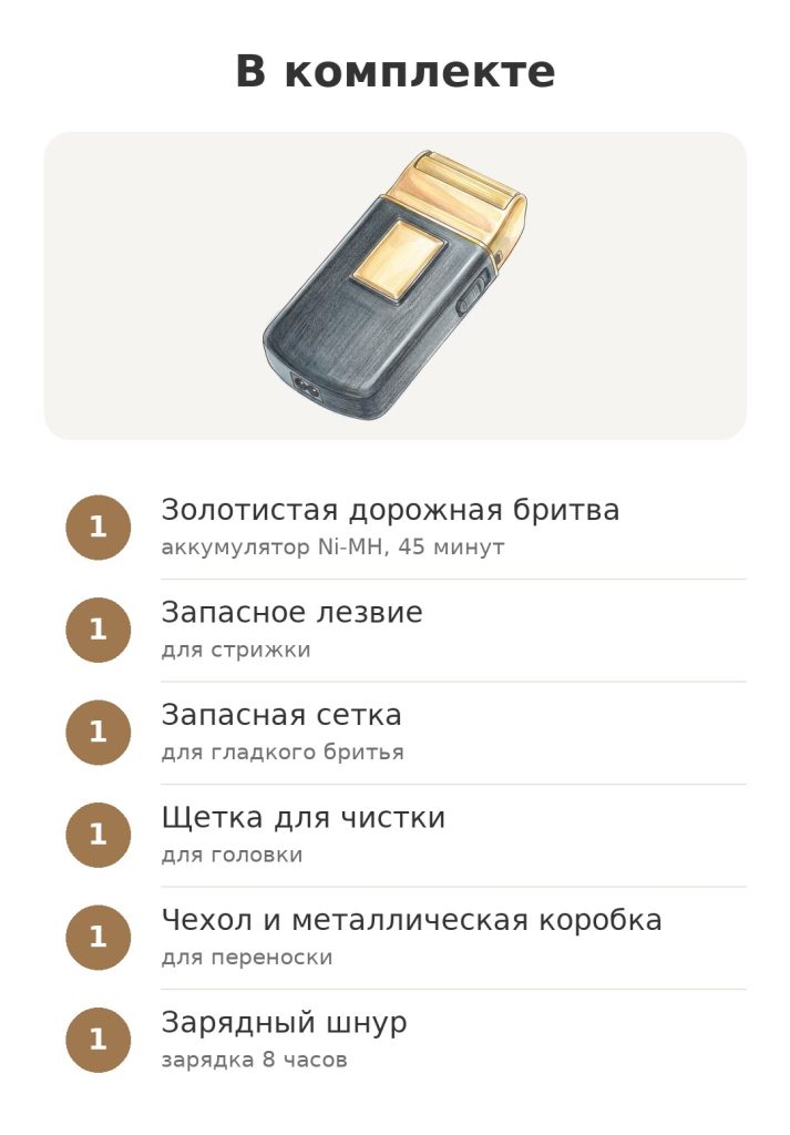 Комплектация дорожная бритва Wahl: золотистая дорожная бритва, запасное лезвие, запасная сетка