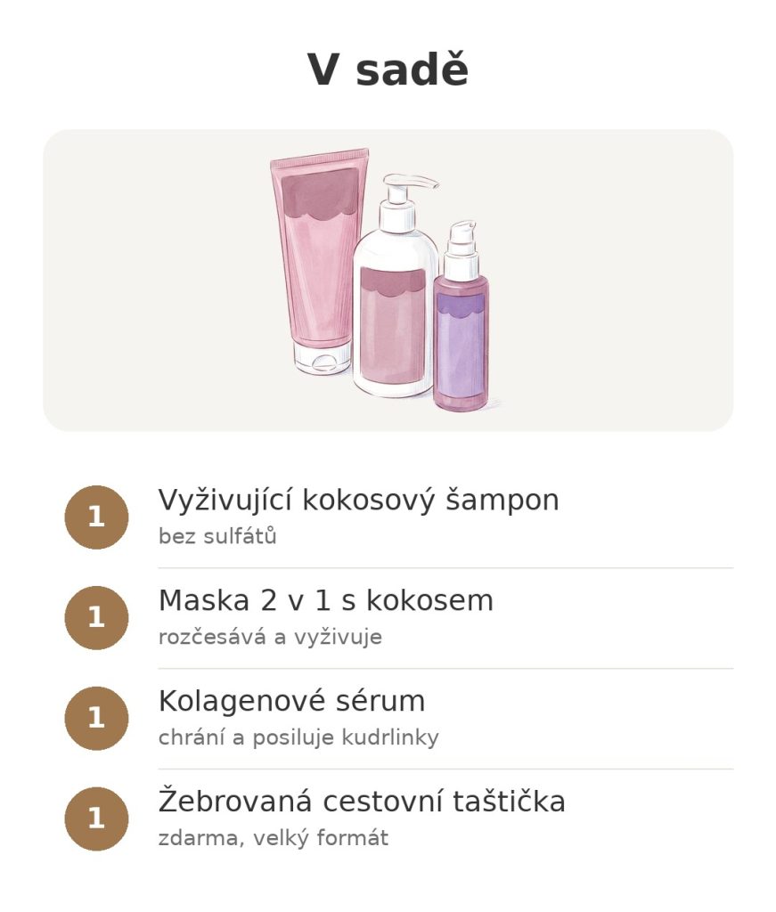 Obsah sady Energie Fruit Coco Curl se šamponem, maskou, kolagenovým sérem a cestovní taštičkou