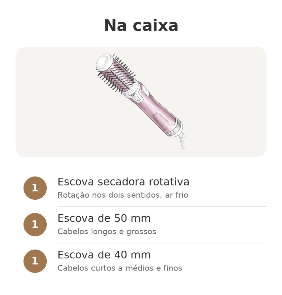 Conteúdo da caixa escova secadora rotativa Rowenta: escova secadora rotativa, escova de 50 mm, escova de 40 mm