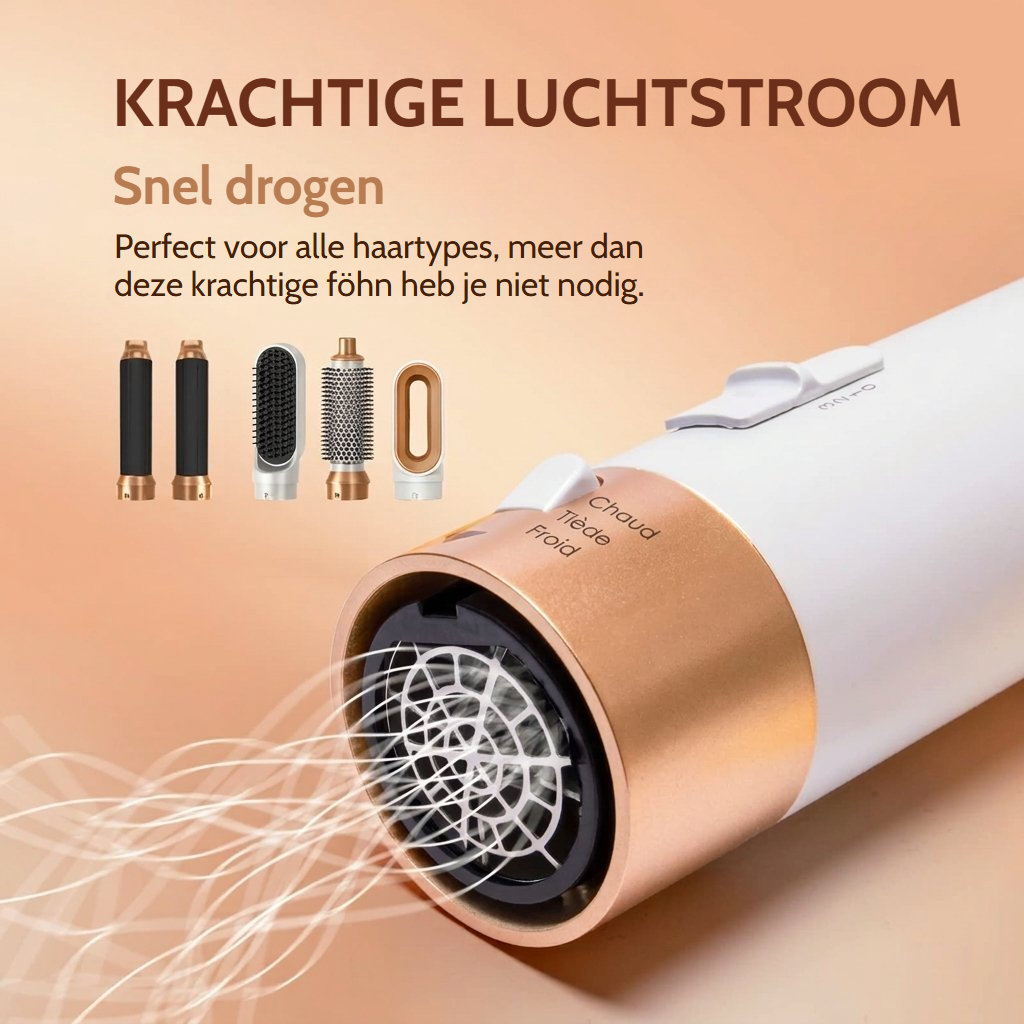 Föhnborstel met warme lucht en meerdere opzetstukken en krachtige luchtstroom om alle haartypes snel te drogen