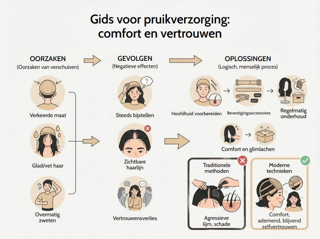 Hoe laat u een pruik de hele dag goed zitten? Infographic met de gids voor pruikverzorging: oorzaken van verschuiven, gevolgen en oplossingen voor comfort en vertrouwen