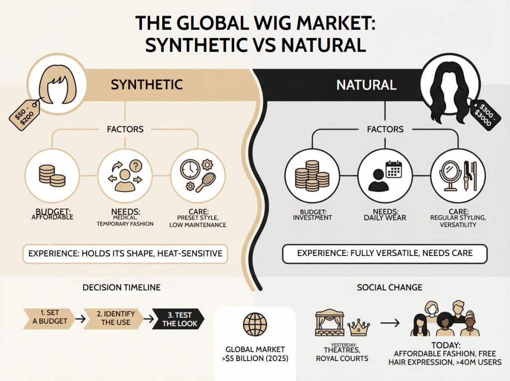 Infographic on the global wig market comparing synthetic and natural hair wigs: budget, needs, care and history