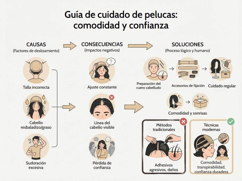 ¿Cómo sujetar bien una peluca durante todo el día? Infografía con la guía de cuidado de pelucas: causas del deslizamiento, consecuencias y soluciones para lograr comodidad y confianza