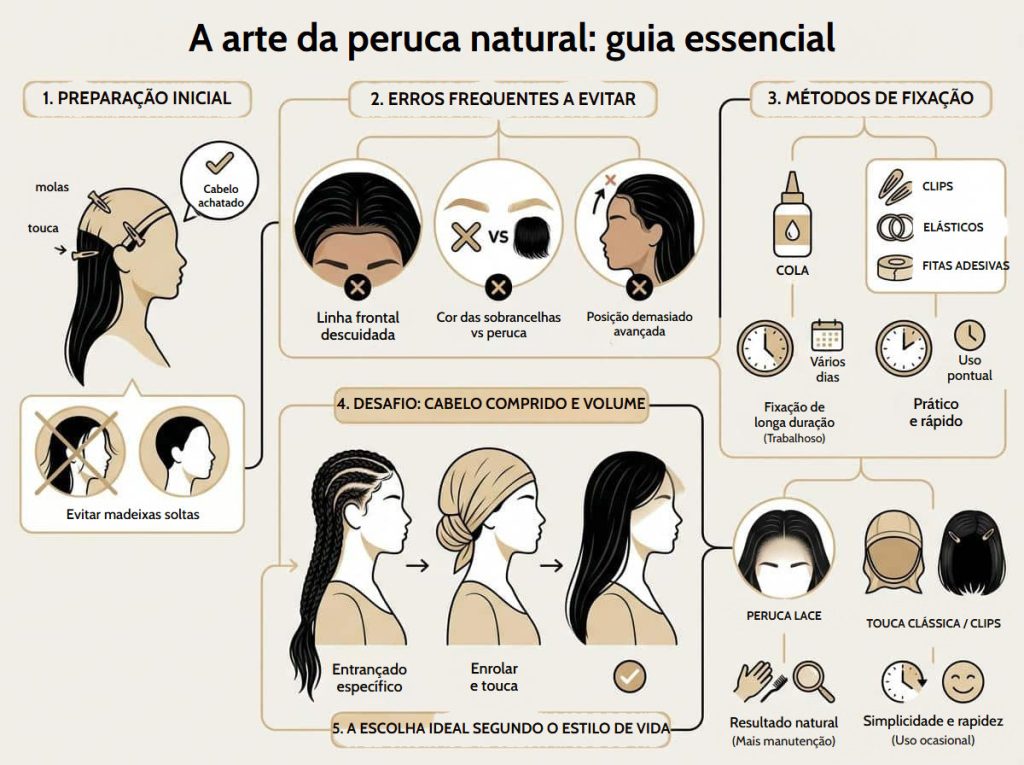 Como colocar uma peruca: o guia completo para um resultado natural Infografia guia da peruca natural: preparação, erros frequentes, métodos de fixação, cabelo comprido e escolha ideal