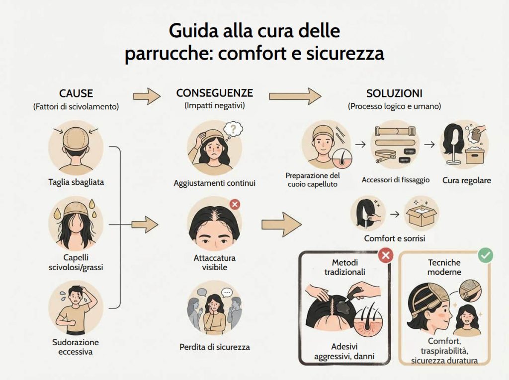 Infografica con la guida alla cura delle parrucche: cause dello scivolamento, conseguenze e soluzioni per comfort e sicurezza