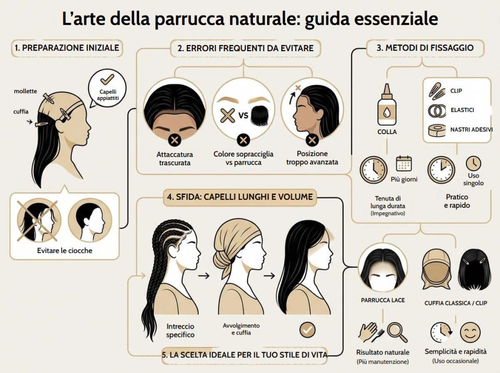 Infografica guida alla parrucca naturale: preparazione, errori frequenti, metodi di fissaggio, capelli lunghi e scelta ideale