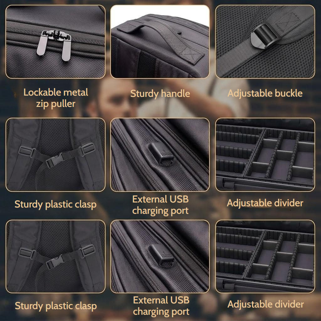 Professional backpack for makeup and hairdressing tools with adjustable compartments