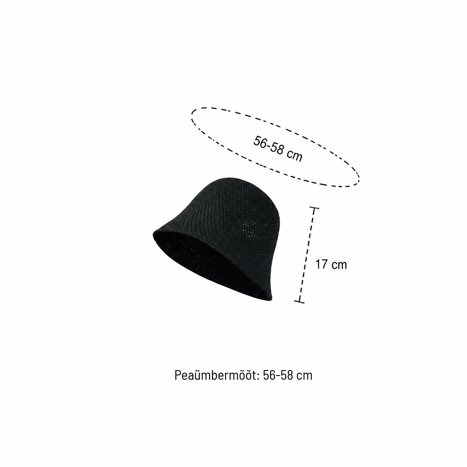 Must heegeldatud kalastajamüts mõõtudega, peaümbermõõt 56-58 cm ja kõrgus 17 cm
