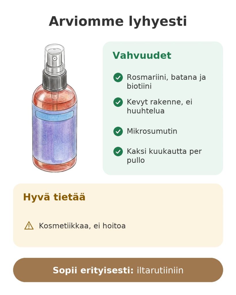 Arviomme lyhyesti: hiusseerumi rosmariinilla, batanalla ja biotiinilla ilman huuhtelua