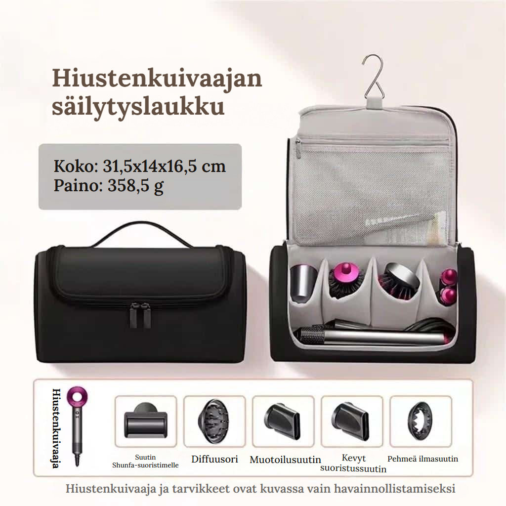 Hiustenkuivaajan ja muotoilutyökalujen säilytyslaukku - Musta