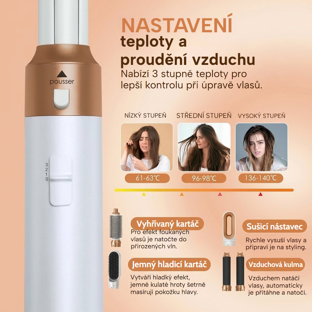 Horkovzdušný kartáč s nástavci: tři stupně teploty, kulma, sušicí nástavec a vyhlazovací kartáč