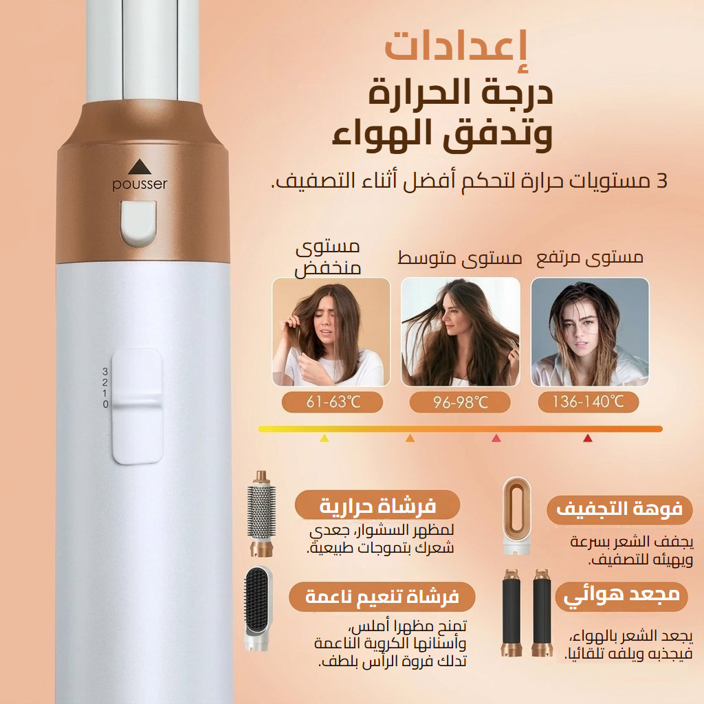 فرشاة مجفف شعر 5 في 1 بثلاثة مستويات حرارة وأربعة ملحقات تصفيف مشروحة