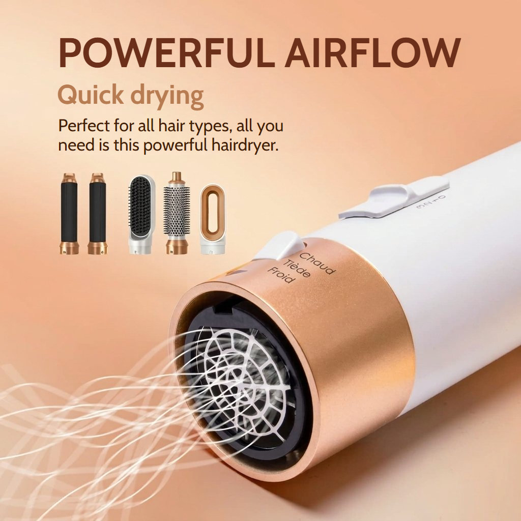 Multi-attachment hot air brush hairdryer with powerful airflow for quick drying of all hair types