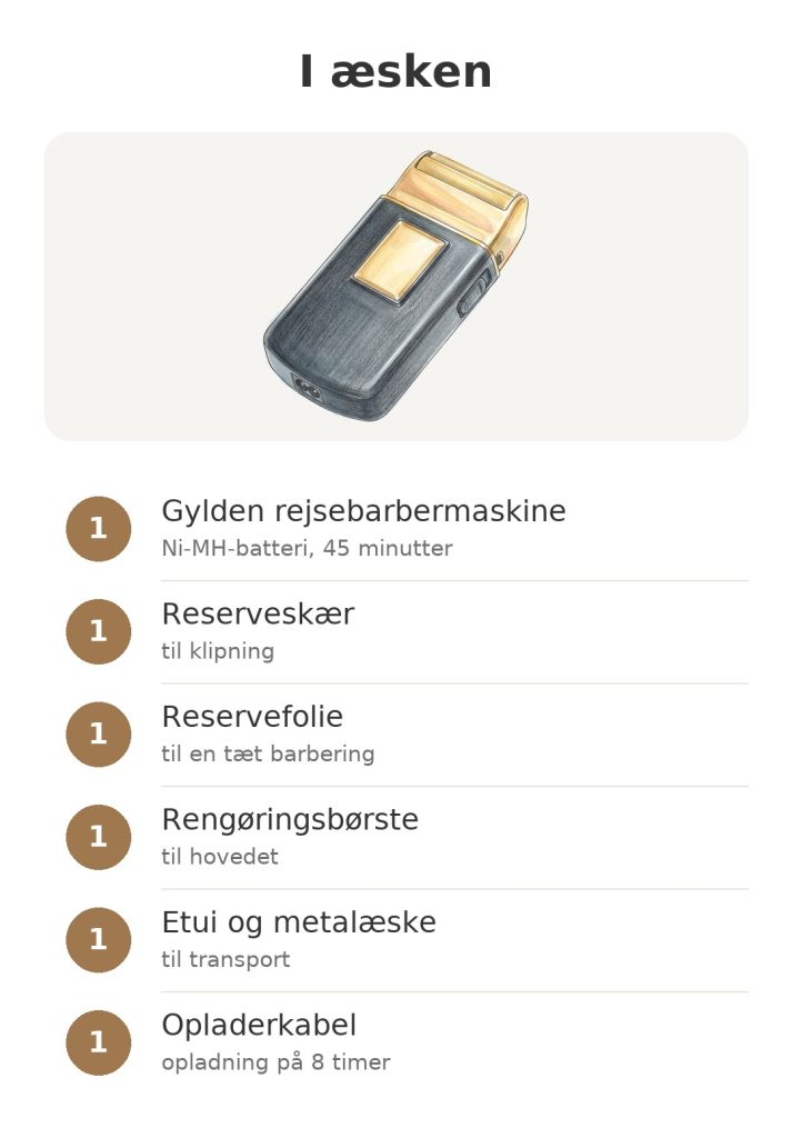 Barbermaskine Wahl Travel Shaver Gold Edition I æsken: gylden rejsebarbermaskine fra Wahl med reserveskær, reservefolie, rengøringsbørste, etui og opladerkabel